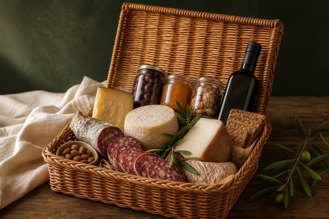 Cabaz gourmet com queijos e produtos portugueses